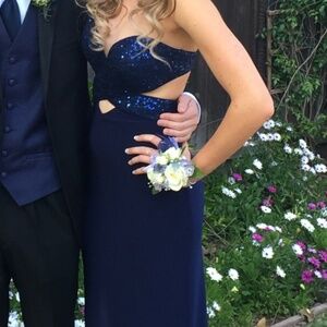 Navy Blue Strapless Sparkly Prom Dress, Open Back, Floor Length